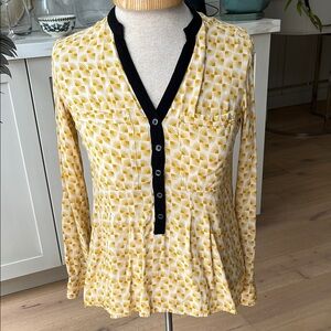 GUC Vanessa Virginia 1/2 button front yellow and cream sun print long sleeve top